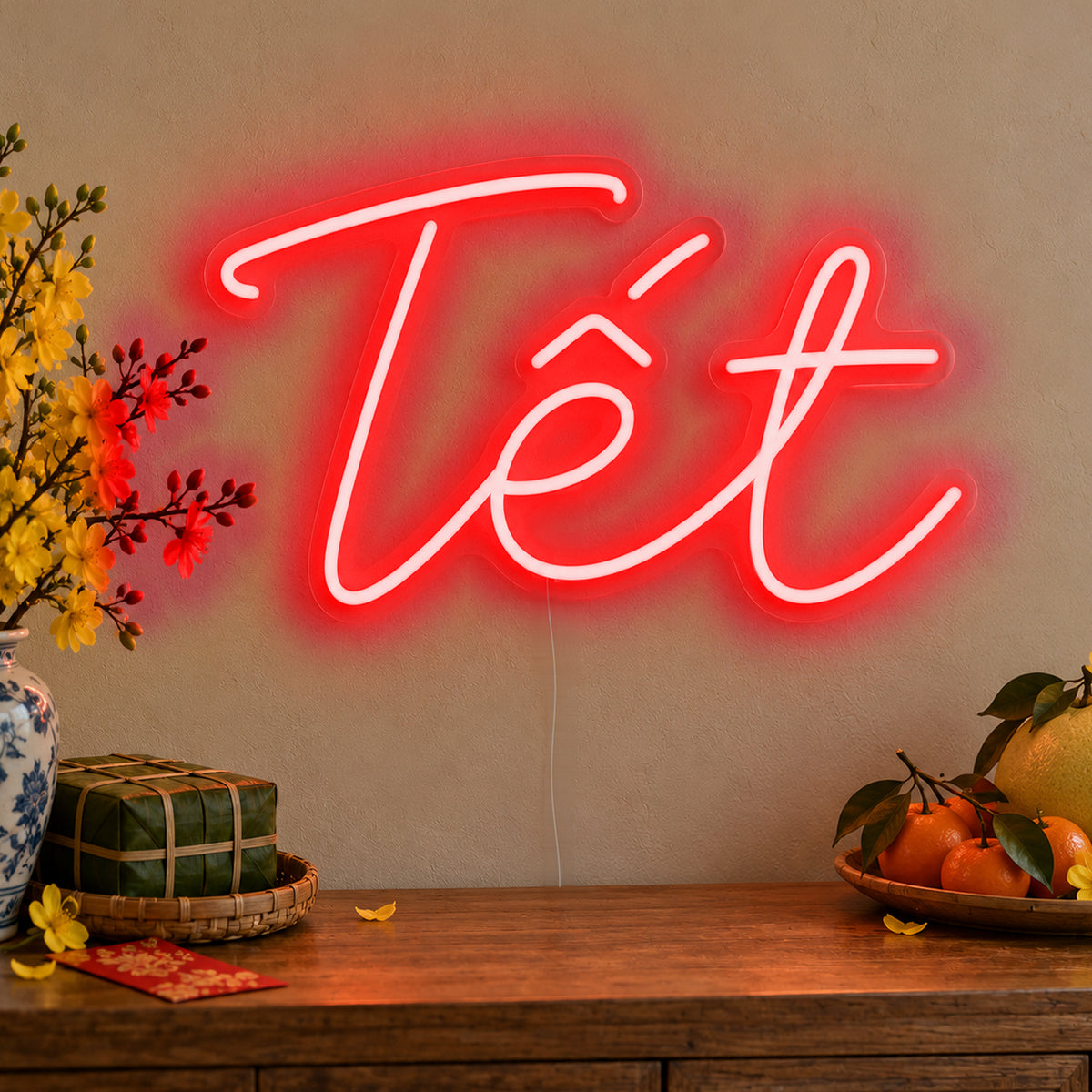 Tết Neon Sign in red LED neon on clear acrylic, angled view