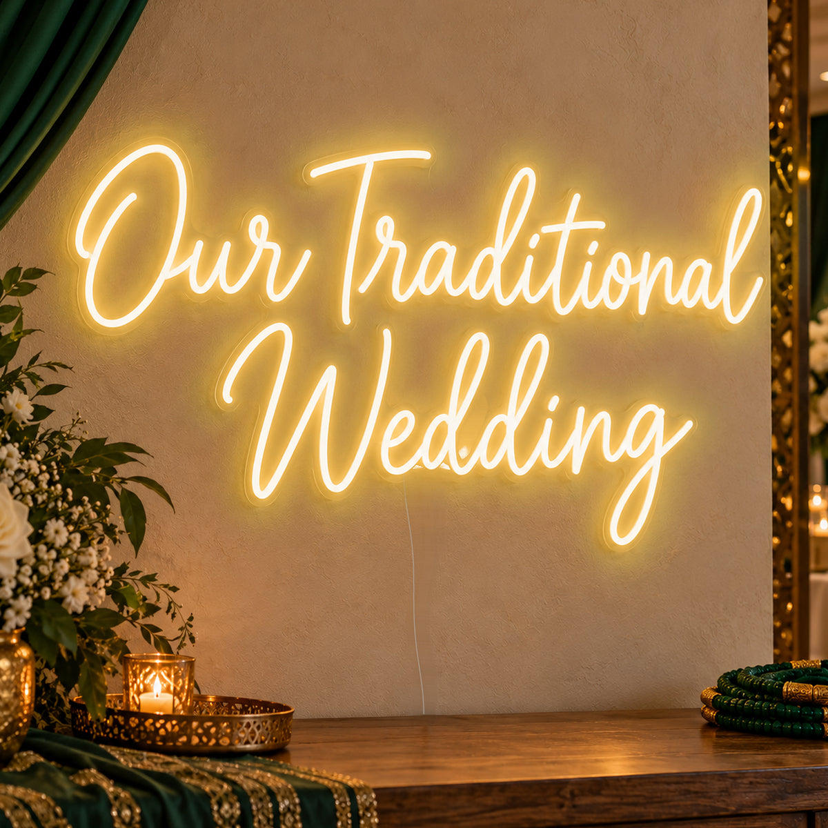 Traditional Wedding Neon Sign in gold LED neon on clear acrylic, angled view