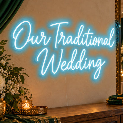 Traditional Wedding Neon Sign in ice blue LED neon on clear acrylic, angled view