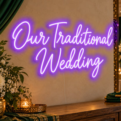 Traditional Wedding Neon Sign in purple LED neon on clear acrylic, angled view
