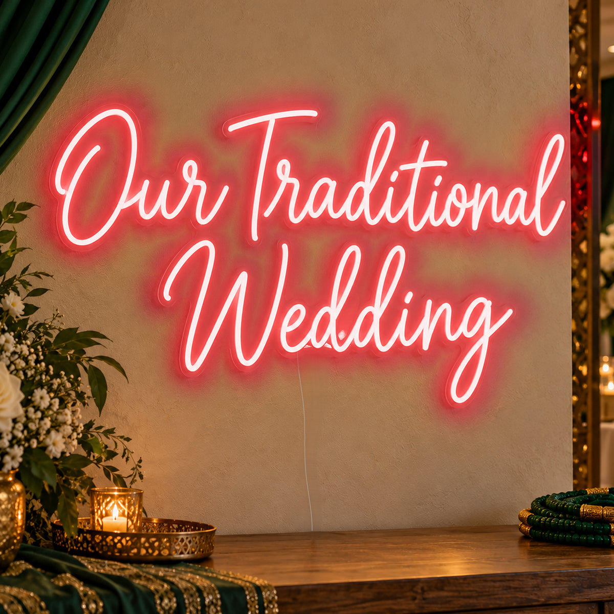 Traditional Wedding Neon Sign in red LED neon on clear acrylic, angled view