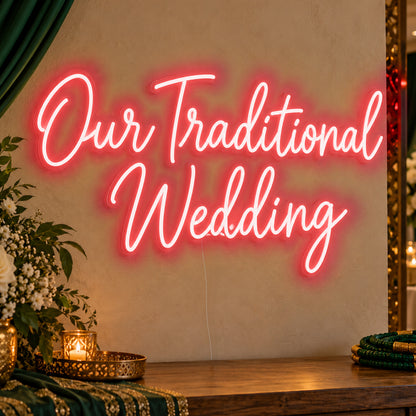 Traditional Wedding Neon Sign in red LED neon on clear acrylic, angled view
