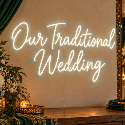 Traditional Wedding Neon Sign in warm white LED neon on clear acrylic, angled view