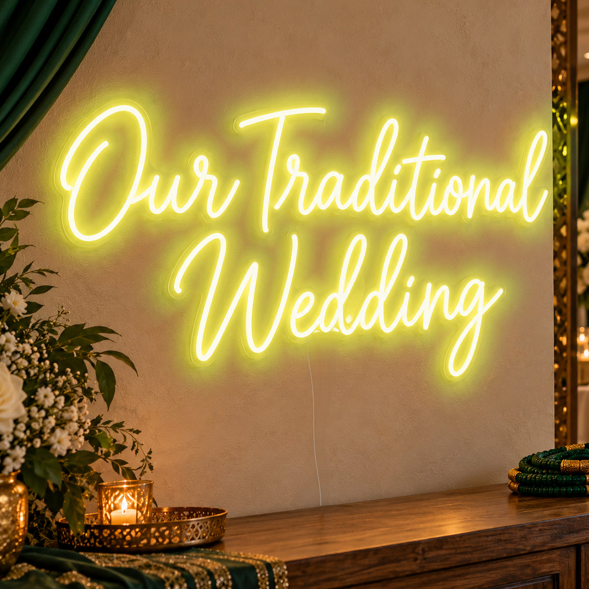 Traditional Wedding Neon Sign in yellow LED neon on clear acrylic, angled view