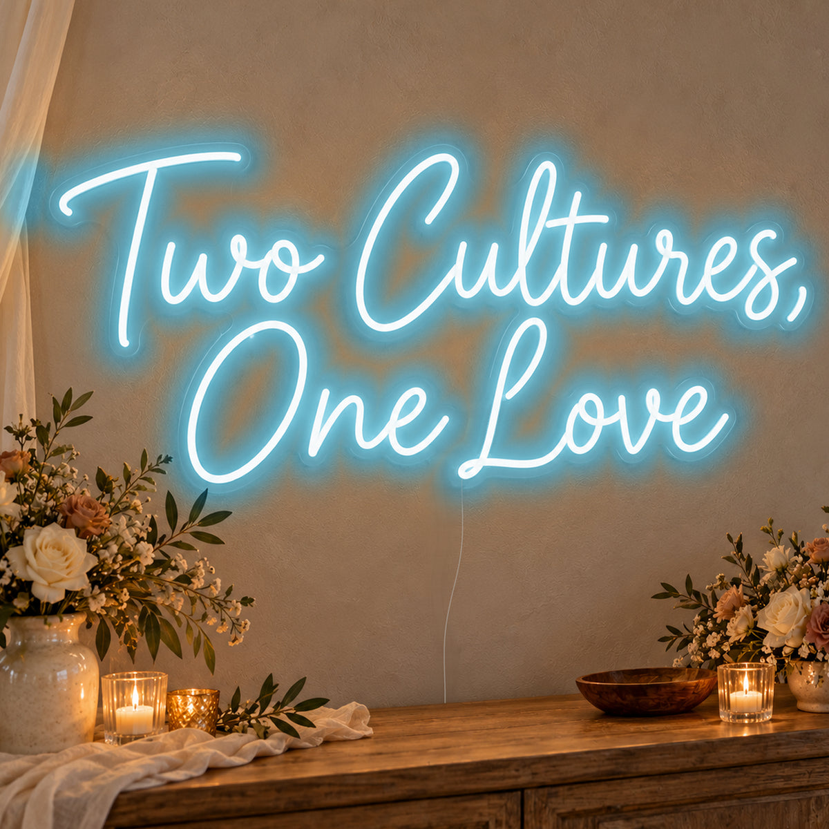 Two Cultures One Love Neon Sign in ice blue LED neon on clear acrylic, angled view