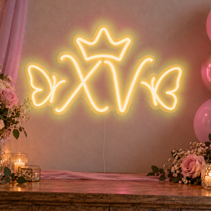Xv Crown Butterflies Neon Sign in gold LED neon on clear acrylic, angled view
