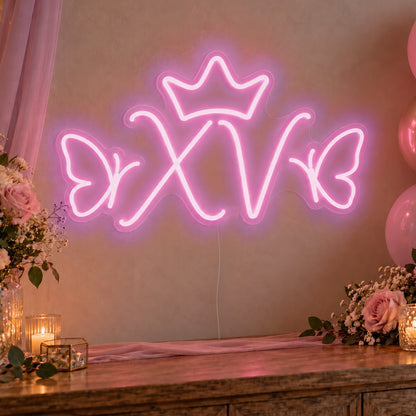 Xv Crown Butterflies Neon Sign in pink LED neon on clear acrylic, angled view