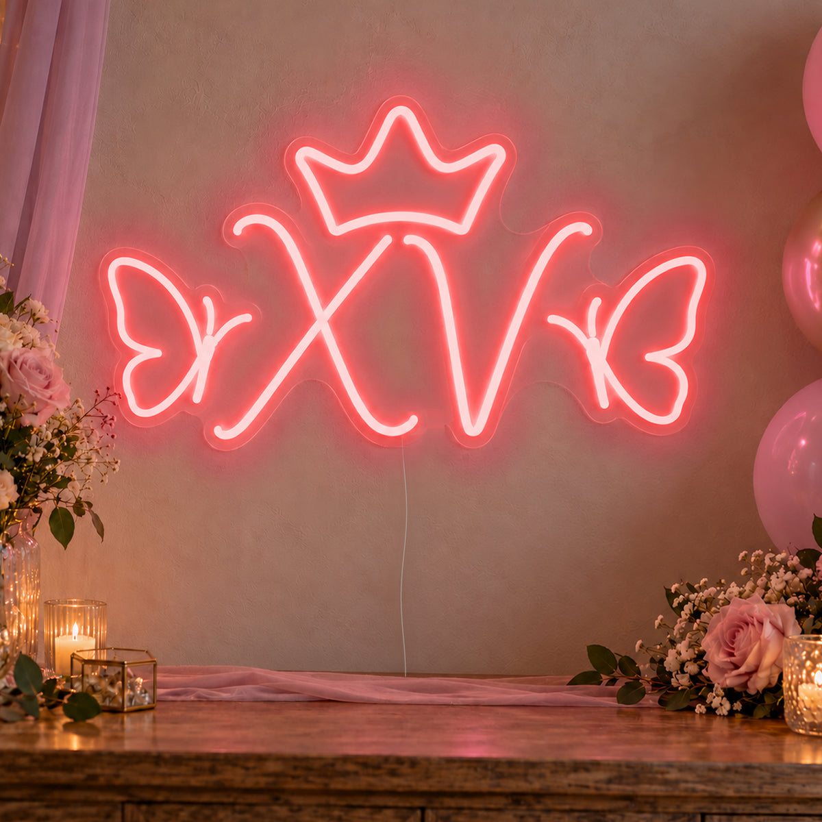Xv Crown Butterflies Neon Sign in red LED neon on clear acrylic, angled view