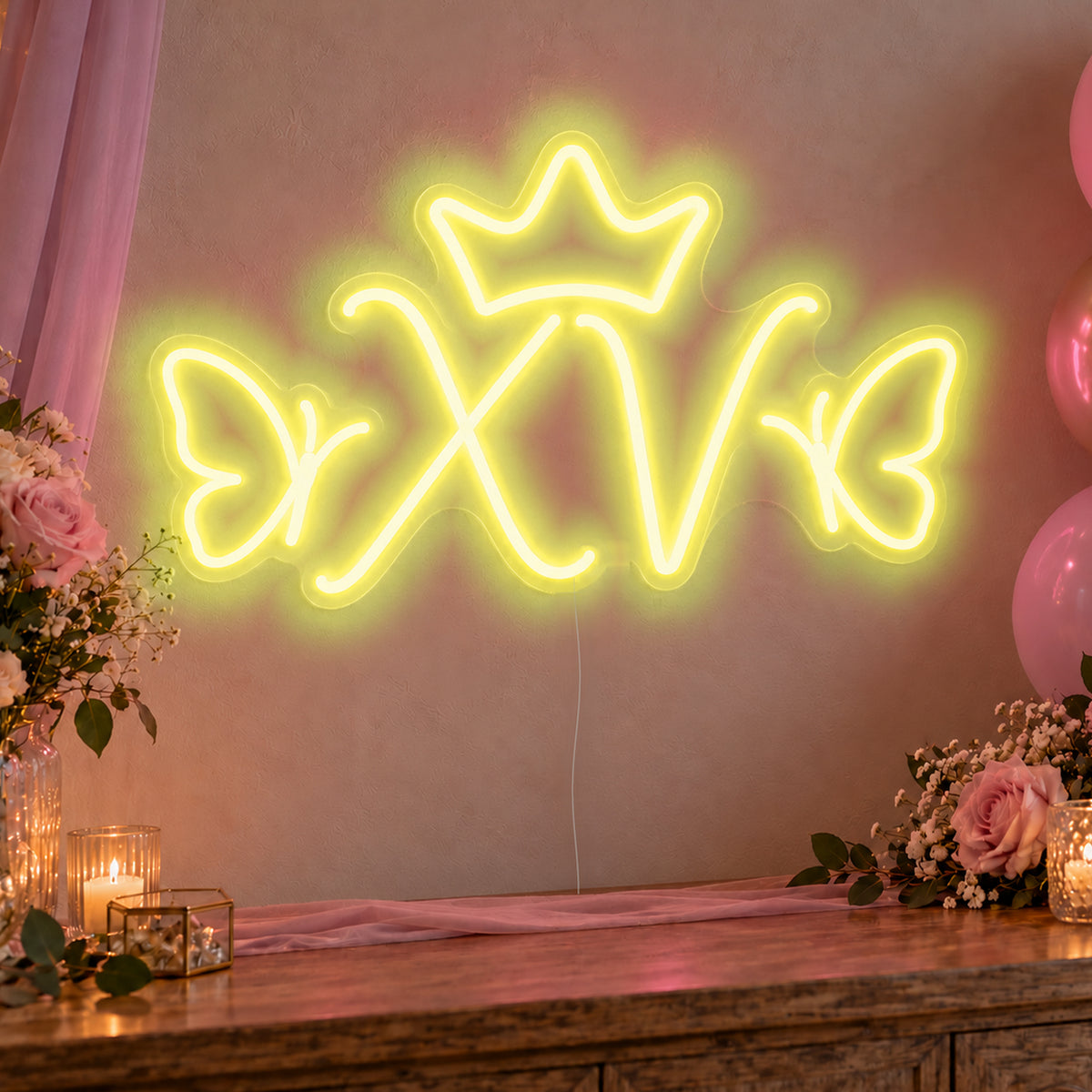 Xv Crown Butterflies Neon Sign in yellow LED neon on clear acrylic, angled view