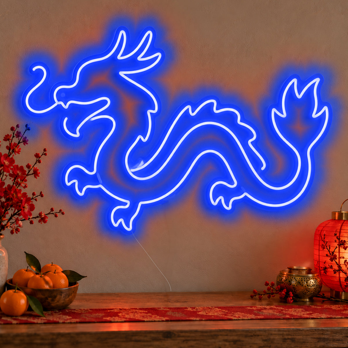 Zodiac Dragon Neon Sign in blue LED neon on clear acrylic, angled view