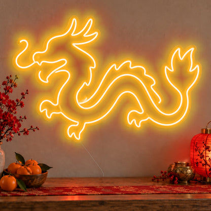 Zodiac Dragon Neon Sign in gold LED neon on clear acrylic, angled view