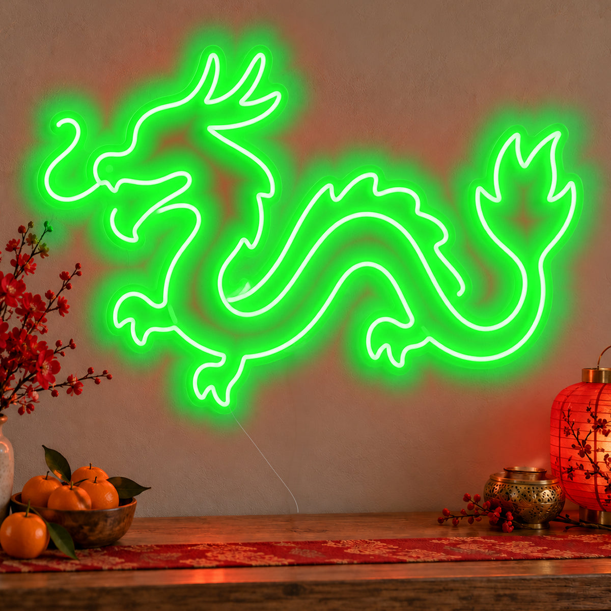 Zodiac Dragon Neon Sign in green LED neon on clear acrylic, angled view