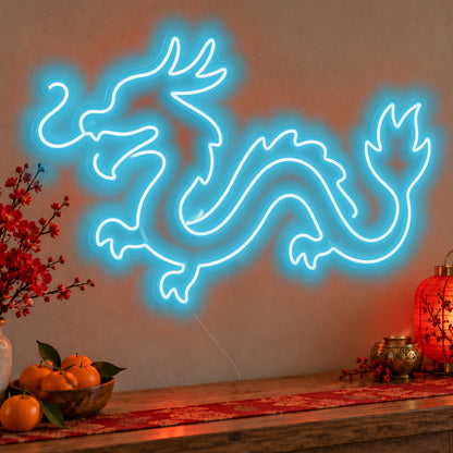 Zodiac Dragon Neon Sign in ice blue LED neon on clear acrylic, angled view