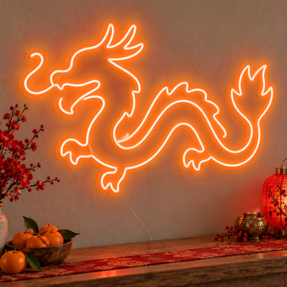 Zodiac Dragon Neon Sign in orange LED neon on clear acrylic, angled view