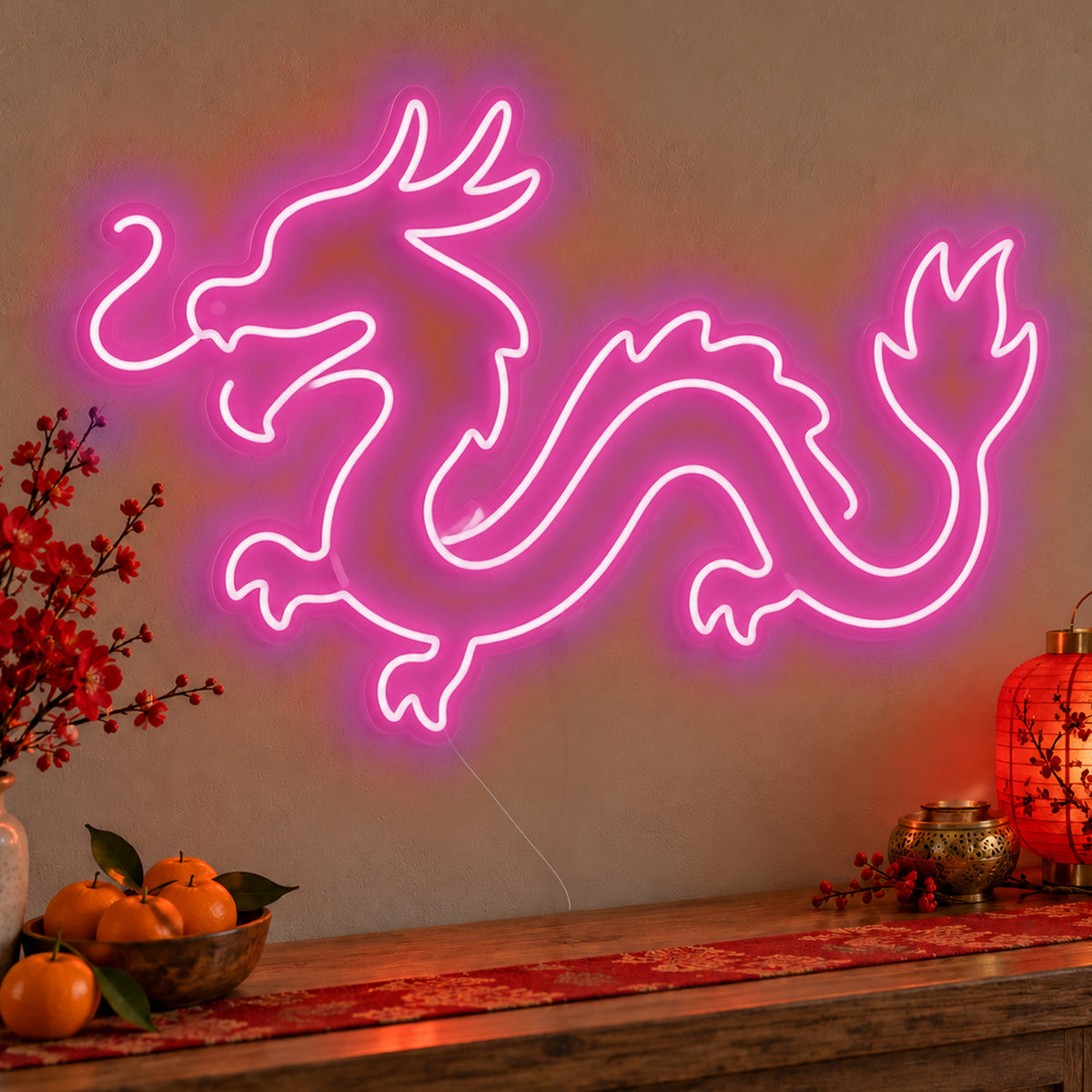 Zodiac Dragon Neon Sign in pink LED neon on clear acrylic, angled view