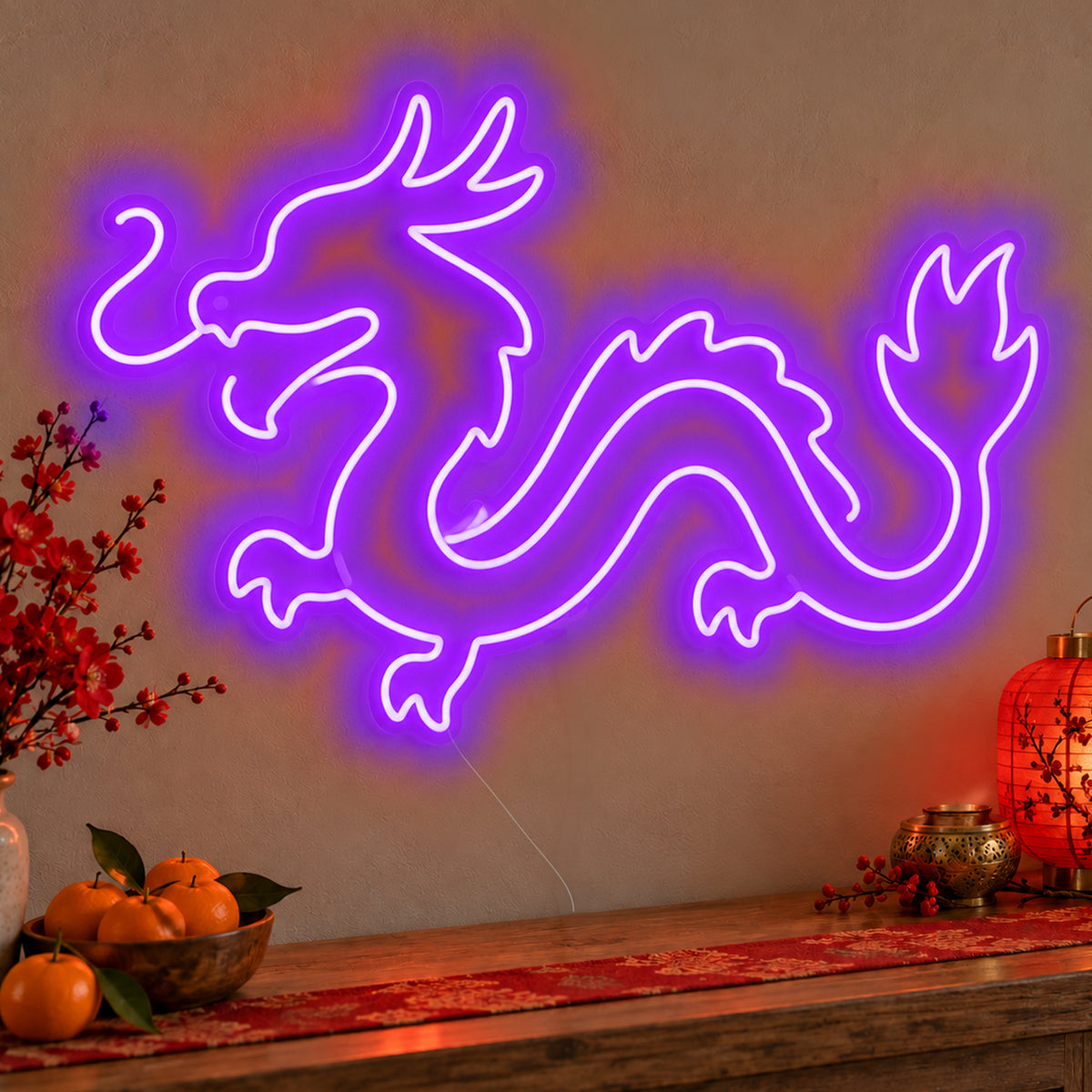 Zodiac Dragon Neon Sign in purple LED neon on clear acrylic, angled view