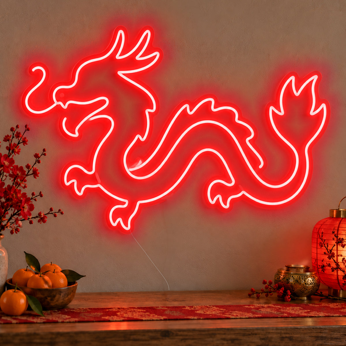 Zodiac Dragon Neon Sign in red LED neon on clear acrylic, angled view