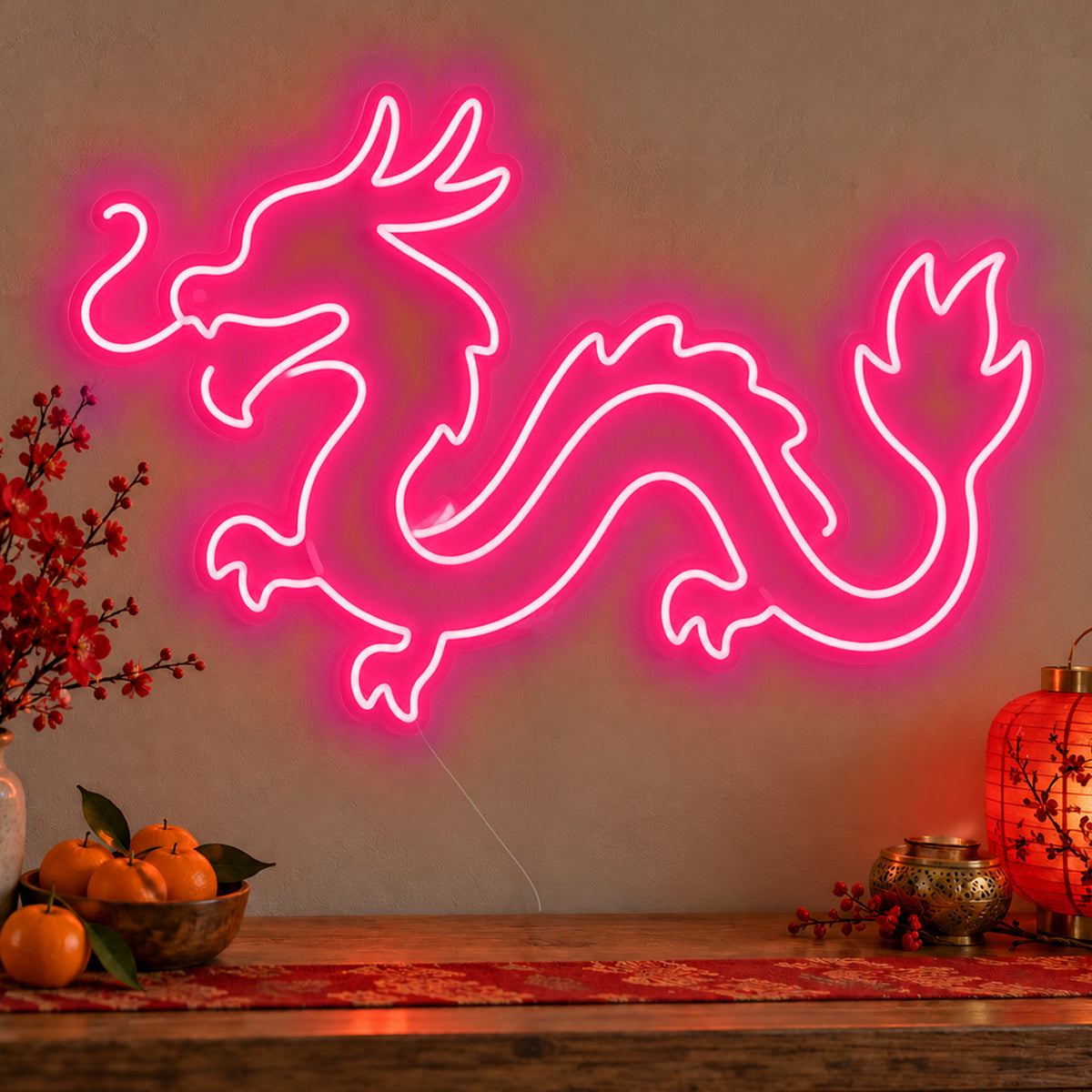 Zodiac Dragon Neon Sign in rose red LED neon on clear acrylic, angled view