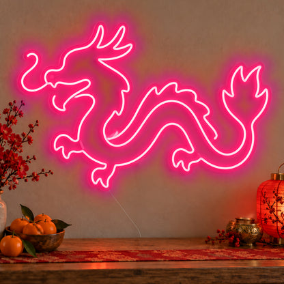 Zodiac Dragon Neon Sign in rose red LED neon on clear acrylic, angled view