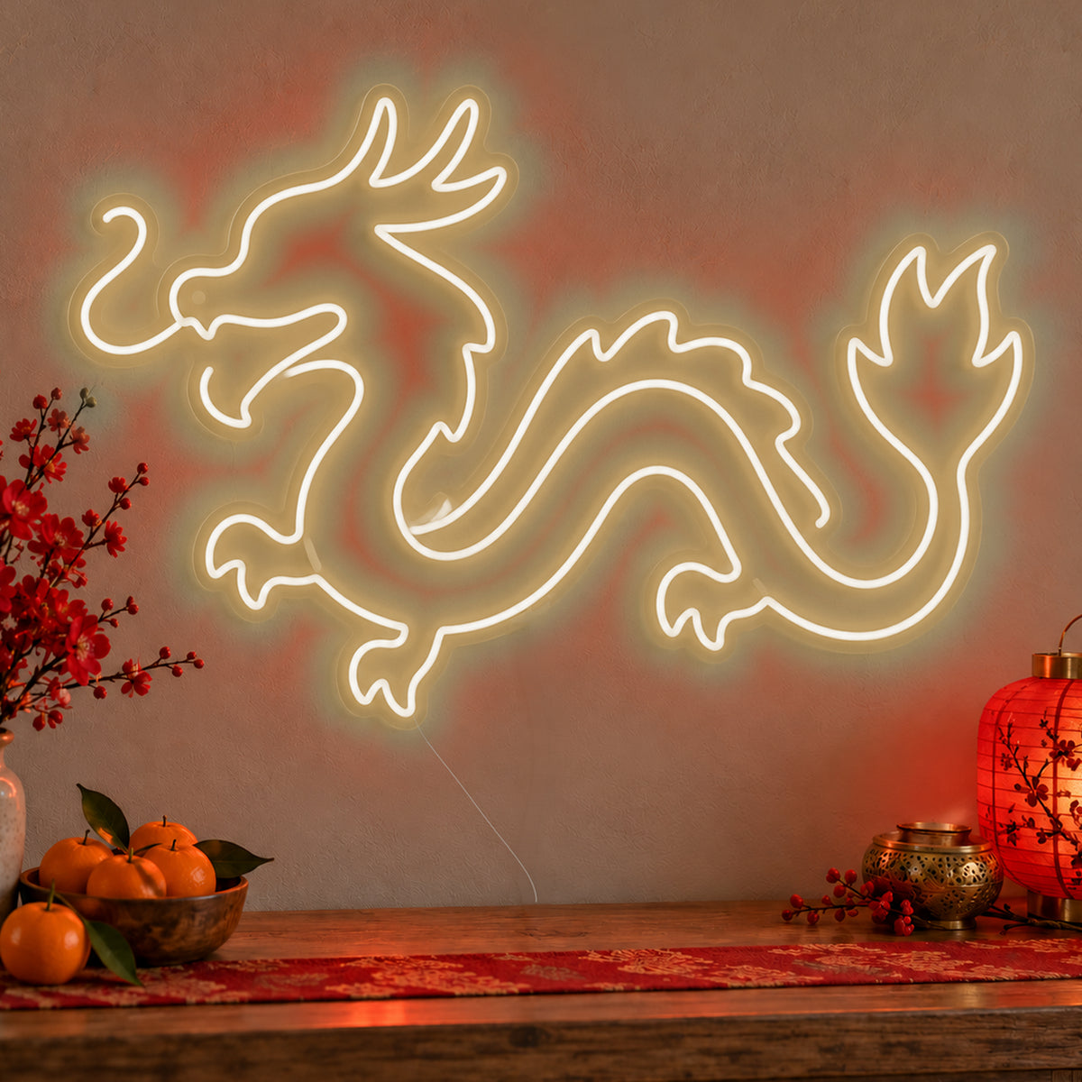 Zodiac Dragon Neon Sign in warm white LED neon on clear acrylic, angled view