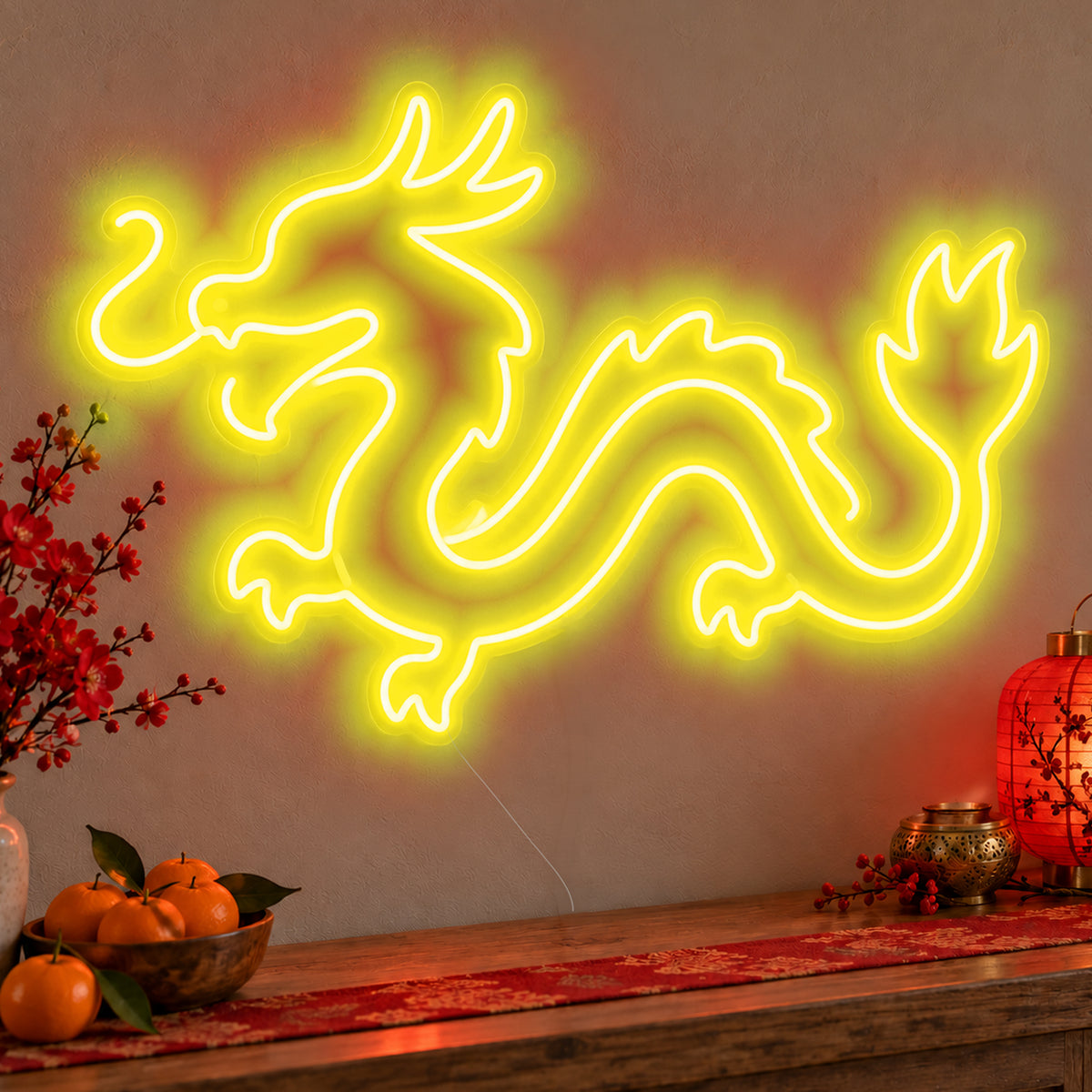Zodiac Dragon Neon Sign in yellow LED neon on clear acrylic, angled view